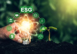ESG oncept. Environment social and governance in sustainable and ethical business.Using technology of renewable resource to reduce pollution.