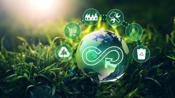 Circular economy concept. Energy consumption and CO2 emissions are increasing.
Sharing,reusing,repairing,renovating and recycling existing materials and products as much possible.