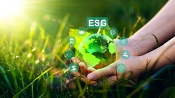  Environment social and governance in sustainable and ethical business.Crystal globe with network connection and ESG icons. Using technology of renewable resource to reduce pollution

