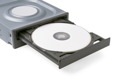 opened drive CD - DVD - Blu Ray with  a black cap and white disk on a white background, CD-ROM, DVD-ROM, BD-ROM