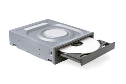 opened drive CD - DVD - Blu Ray with a black cap and white disk on a white background, CD-ROM, DVD-ROM, BD-ROM
