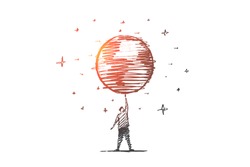 Vector hand drawn My planet concept sketch. Big globe spinning on mans raised hand, stars at background.