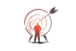 Goal, success, target, aim, arrow concept. Hand drawn person and target with arrow concept sketch. Isolated vector illustration.