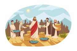 Christianity, religion, Bible concept. Saturation feeding crowd of five thousand people with two fish and five loaves by Jesus Christ son of God. New Testament biblical series cartoon illustration.