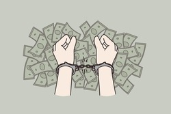 Stop corruption and financial crime concept. Human hands in handcuffs over heaps of money cash bribe corruption vector illustration 