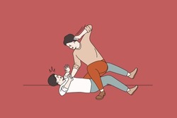 Angry men lying on ground beating having conflict. Mad furious guys kick punch in face. Two people feel aggressive fighting. Abuser and victim, violence, bullying. Flat vector illustration.
