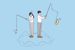 Businesspeople rivals with rod fishing for money revenue or income. Man and woman competitors strive for success, get different profit. Business jealousy, rivalry concept. Flat vector illustration. 