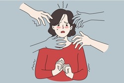 Hands stretched to anxious unhappy scared woman suffer from panic attack. Frightened terrified worried female struggle with psychology mental disorder. Anxiety concept. Flat vector illustration. 