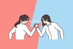 Aggressive mad women rivals have arm wrestling match. Furious decisive female opponents employees fight for leadership show power. Armwrestling, competition concept. Vector illustration. 