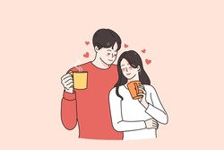 Hot drinks and love concept. Young loving smiling couple man and woman standing holding cups mugs with hot tea or coffee enjoying time together vector illustration 