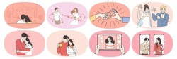 Set of happy man and woman communicate meet online on internet. Smiling couple fall in love, get engaged and marry. Relationship goal concept. Love and affection. Flat vector illustration. 