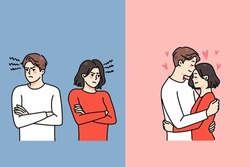 Young couple fight and love. Man and woman hug and cuddle or quarrel and ignore. Lover relationship problems. Marriage and relations trouble. Counseling help. Vector illustration. 