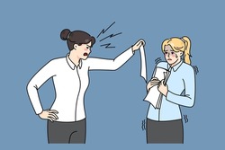 Furious businesswoman show document scream at female employee for mistake or error. Angry woman boss show power shout at scared subordinate. Psychological pressure. Vector illustration. 