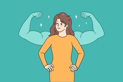 Confident young woman in dress with muscular arms behind her demonstrate female power. Happy successful self-made lady show strength and leadership. Independence. Vector illustration. 