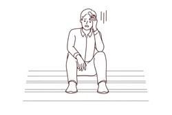 Unhappy young man sit on stairs feel distressed with job loss or failure. Upset male stressed with life or business problems, look for solution. Vector illustration. 