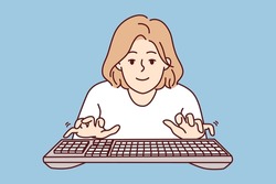 Young woman with typing keyboard looks at screen while typing e-mail message. Girl blogger or internet programmer working in casual clothes fulfilling order from freelance exchange. Flat vector image 