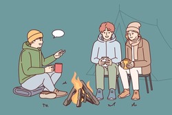 Group of young people communicate while sitting around campfire during camping trip in nature. Girl and two guys tourists talking before going to bed while traveling with tents. Flat vector image