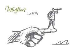 Vector hand drawn intuition concept sketch. Man standing on edge of huge human finger and looking throuth spyglass. Lettering Intuition concept