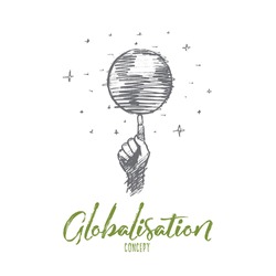Vector hand drawn globalisation concept sketch. Planet earth spinning around on one human finger. Lettering Globalisation concept
