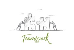 Vector hand drawn teamwork concept sketch. Bisiness people pushing huge pieces of one puzzle towards each other. Lettering Teamwork concept