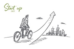Vector hand drawn start up concept sketch with young businessman on bicycle riding up and big city at background