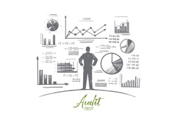 Audit concept. Hand drawn person near wall with charts and diagrams. Auditing business process isolated vector illustration.