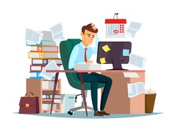 Man overwork in office, deadline vector illustration. Manager sitting at computer desk with stack of documents in mess and deadline tasks sticky notes holding hand on head flat cartoon office design