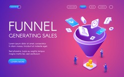 Funnel generation sales vector illustration for digital marketing and e-business technology. Businessman on trade with smartphones and money profit on purple ultraviolet background