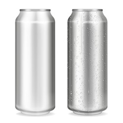 Metal can vector illustration of 3D realistic container for soda or energy drink, lemonade or beer. Isolated silver empty mockup models with cold condensation water drops for brand design template