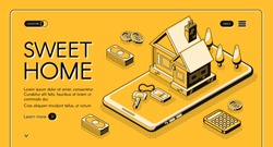 Real estate agency service vector illustration in isometric thin line on yellow halftone background. Sweet home web banner design of house and mobile phone with money for online buy or rent