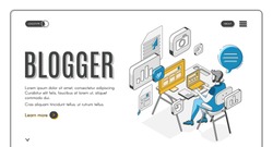 Blogger isometric landing page, man sitting at computer screen working on laptop, creating video content for social media networks broadcasting. 3d vector illustration, line art, web banner template