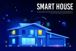 Smart house web banner. Home building with artificial intelligence technology, modern design and Internet of things services on neon glowing background. Cartoon vector illustration, landing page.