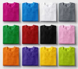 Folded colorful t-shirts on white background.
