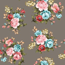 pink and blue vector flowers with green and cream leaves bunches pattern on grey background