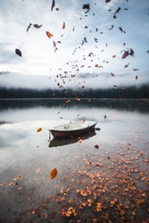 Scenic scenery of some falling leaves with a boat on background. Moody and foggy morning by the Sfanta Ana Lake, Romania