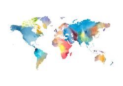 Image of watercolor world map on white. 