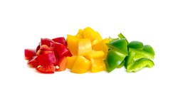 Green yellow red chopped sweet bell pepper isolated on white background