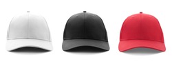 Blank white, black and red baseball cap mockup template isolated on white, clipping path. Set