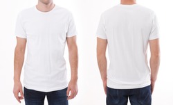 t-shirt design and people concept - close up of young man in blank t-shirt, shirt front and rear isolated.