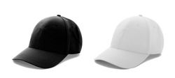 Baseball cap white and black templates, front views isolated on white background. Mock up.