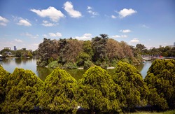 Panoramic view of Chapultepec public park or forest, 2nd section, and one of its minor lakes, Mexico City skyline.