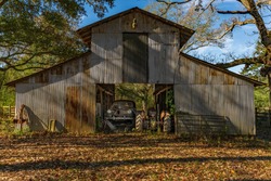 OLD BARN with tractor & vintage car