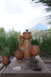 palembang, south sumatera, indonesia - december 31 : drinking utensils made of wood.