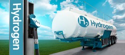Tank trailer with hydrogen and H2 filling station on the background of a green field and blue sky. Renewable energy