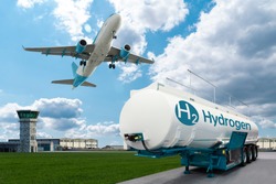 Airplane and hydrogen tank trailer on the background of airport. New energy sources