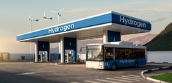 Fuel cell bus at the hydrogen filling station. Concept