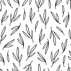 Black contour leaves seamless pattern on white background. Сover for eco, organic, vegan design. Vector illustration.