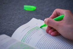 Green Highlight Highlighter Held By Girl Woman Hand School Study Book Marking