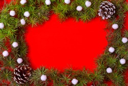 coniferous branches decorated with white round cotton, imitation of snow, red background for the new year
