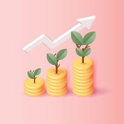 arrow cion growth money tree coin plant for save money vector 3d banking income business